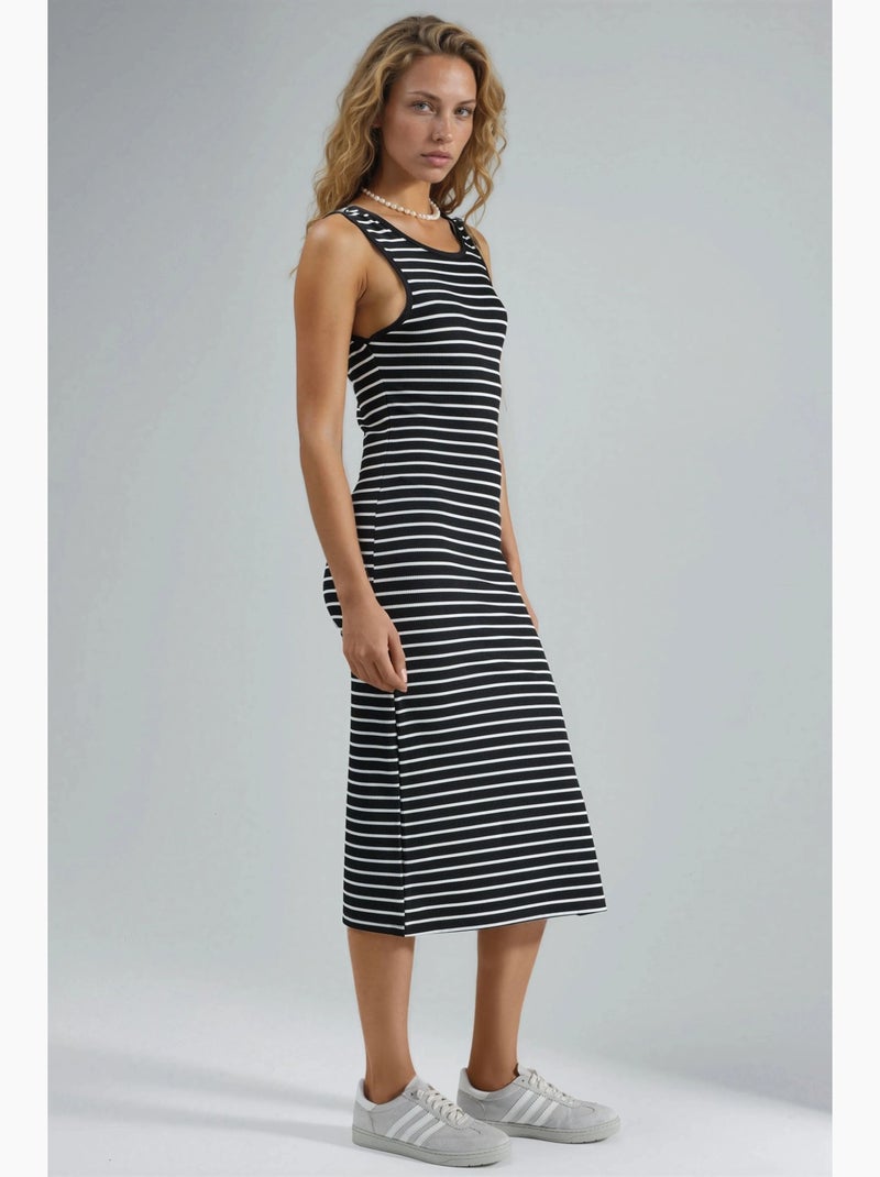 Vestido midi ajustado con cuello redondo y rayas hiccup Negro Blanco - Kiabi