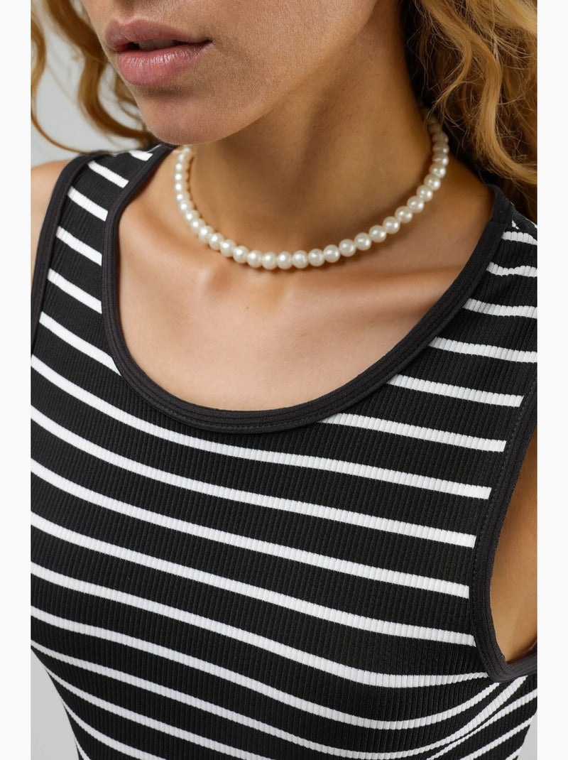 Vestido midi ajustado con cuello redondo y rayas hiccup Negro Blanco - Kiabi