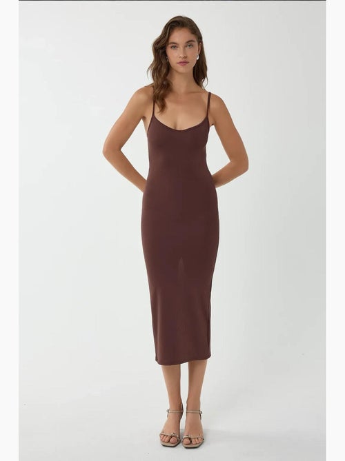 Vestido midi ajustado con escote en v y tirantes finos hiccup - Kiabi