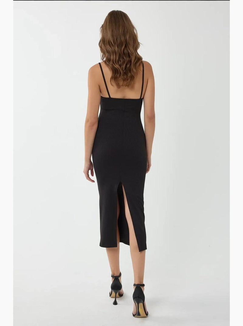 Vestido midi ajustado con escote en v y tirantes finos hiccup Negro - Kiabi