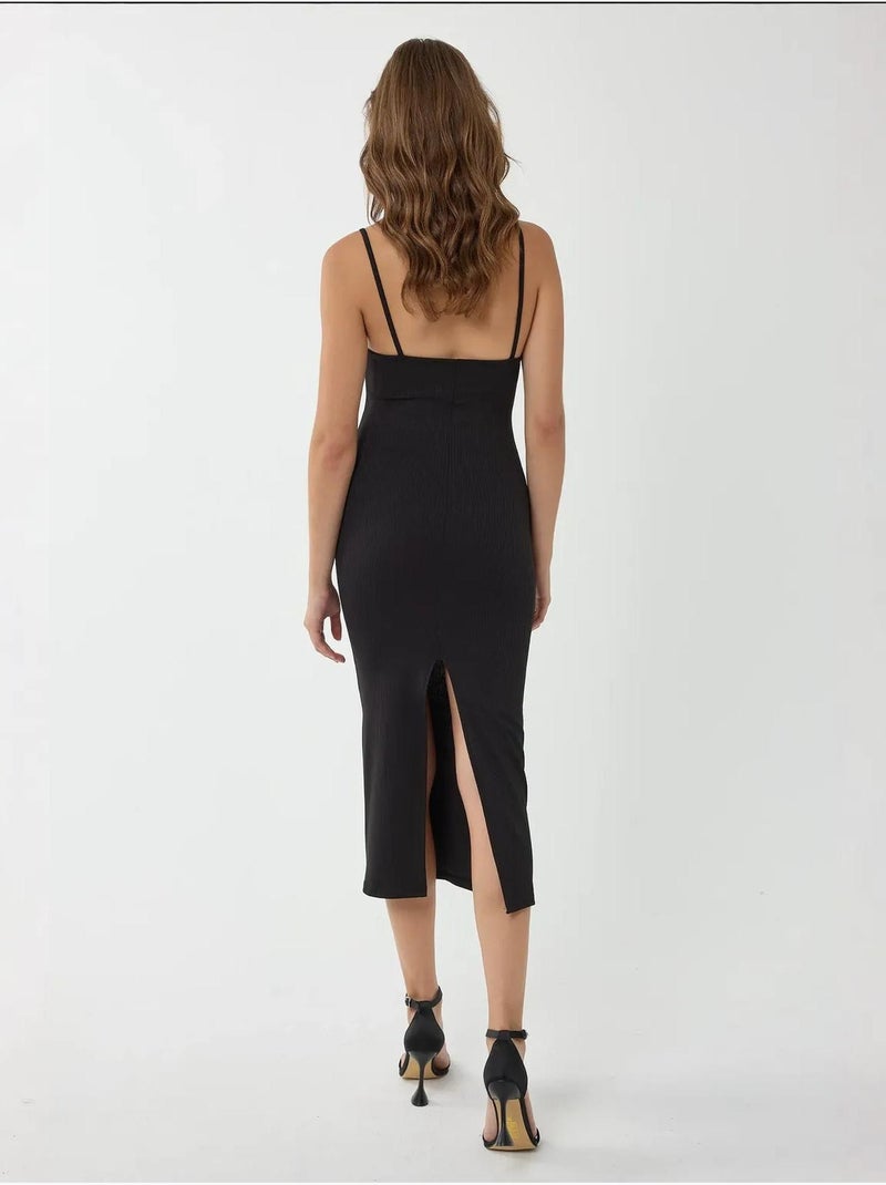 Vestido midi ajustado con escote en V y tirantes finos Negro - Kiabi