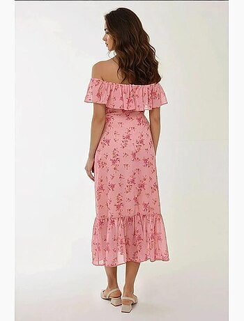 Vestido midi ajustado con estampado floral y hombros descubiertos hiccup
