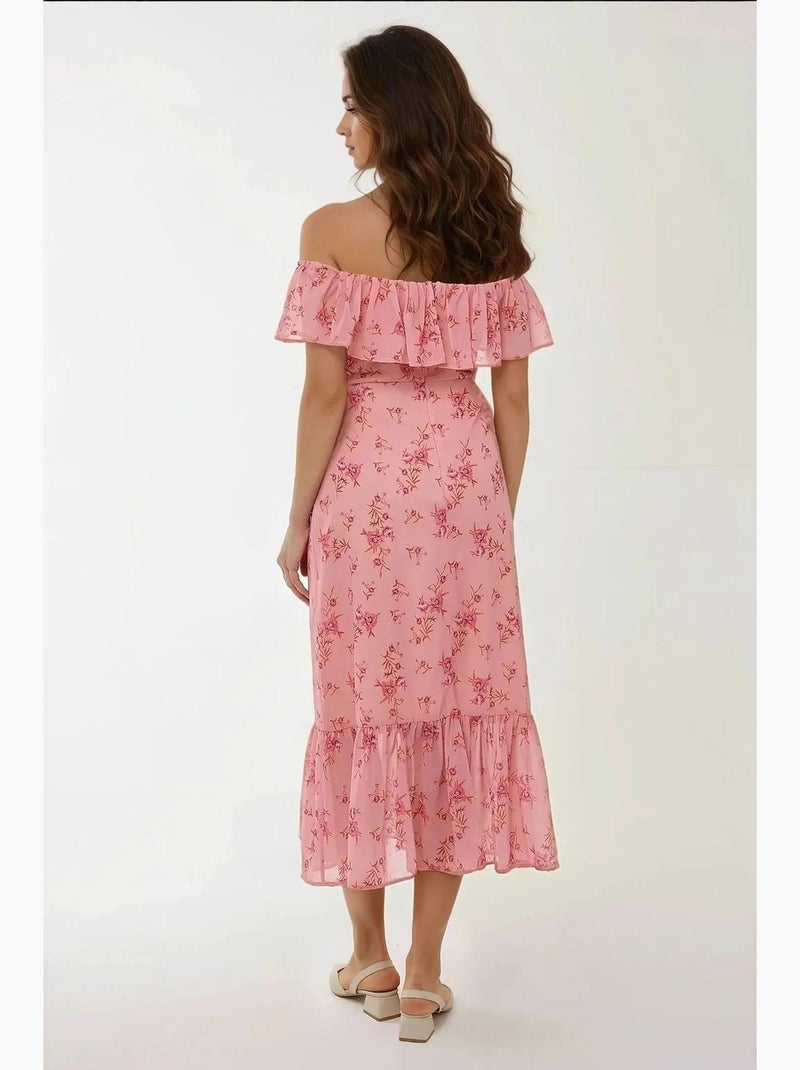 Vestido midi ajustado con estampado floral y hombros descubiertos hiccup Rosa - Kiabi