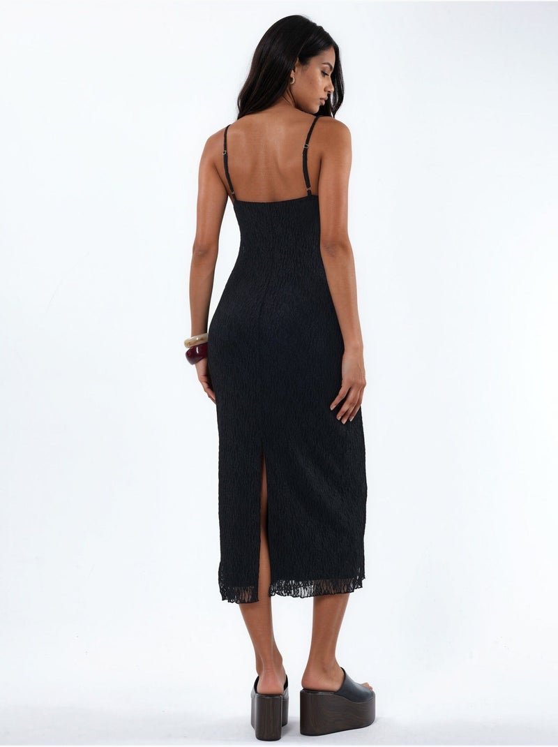 Vestido midi ajustado de encaje con escote en V Negro - Kiabi