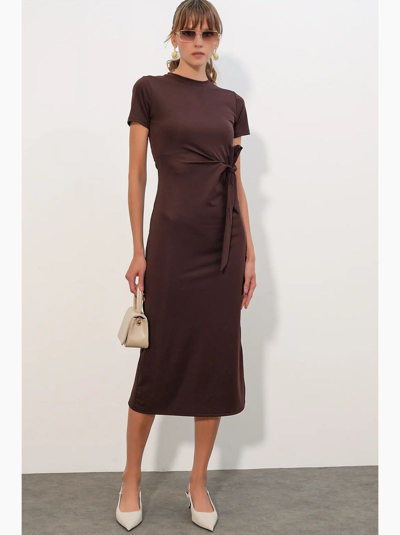 Vestido midi ajustado de jersey con detalle de lazada bdart Marrón chocolate - Kiabi