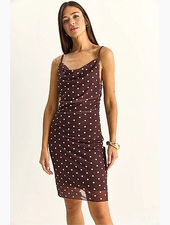 Vestido midi ajustado de lunares con cuello drapeado lucci