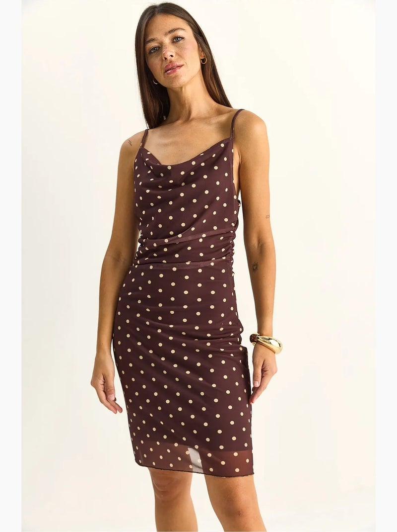 Vestido midi ajustado de lunares con cuello drapeado lucci Rojo burdeos - Kiabi