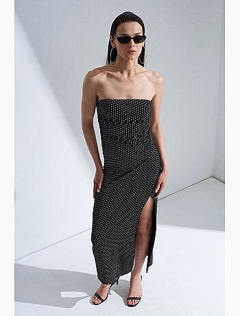 Vestido midi ajustado de lunares sin tirantes dilvin