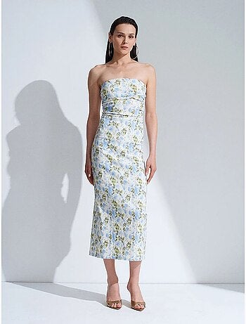 Vestido midi ajustado floral sin tirantes dilvin