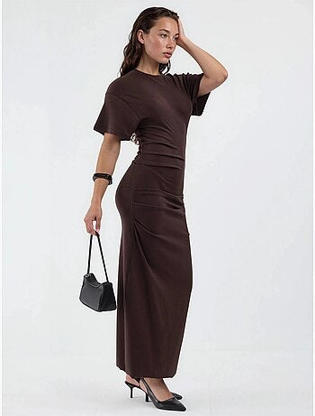 Vestido midi ajustado liso con cuello redondo busem