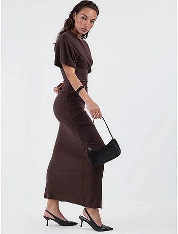 Vestido midi ajustado liso con cuello redondo busem