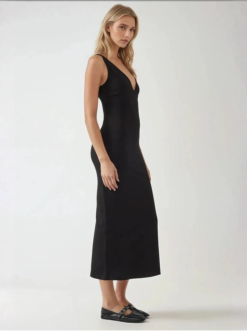 Vestido midi básico de corte entallado con cuello en v hiccup Negro - Kiabi