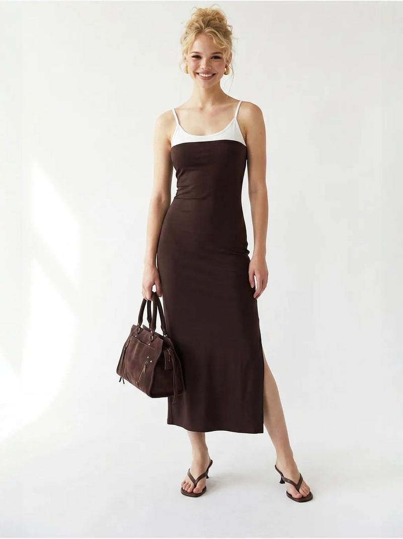 Vestido midi bodycon sin mangas con abertura mixray Marrón chocolate - Kiabi