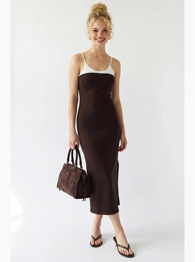 Vestido midi bodycon sin mangas con abertura mixray Marrón chocolate - Kiabi