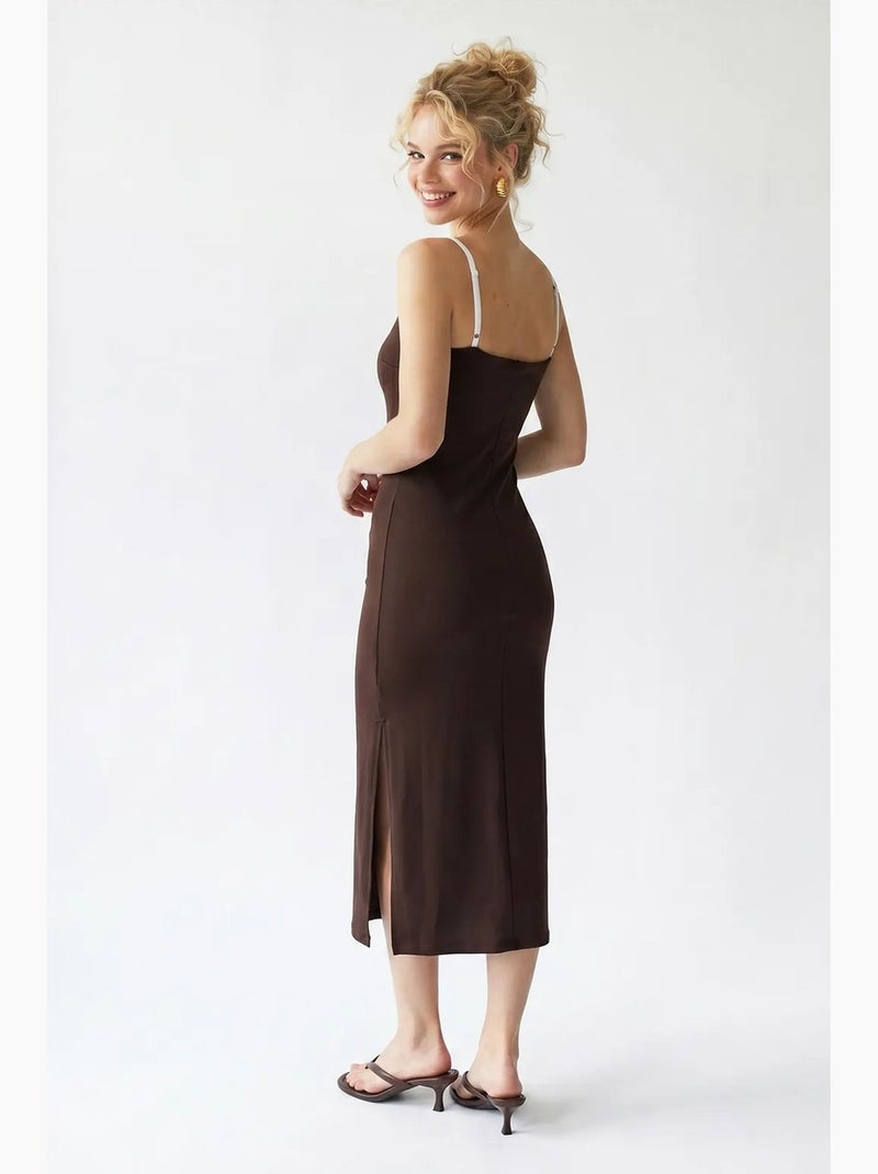 Vestido midi bodycon sin mangas con abertura mixray Marrón chocolate - Kiabi