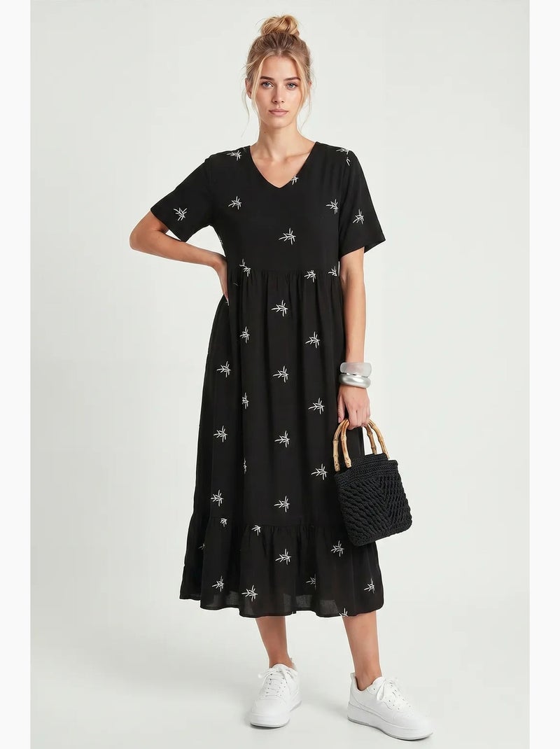 Vestido midi bordado con cuello en v istanbul Negro - Kiabi