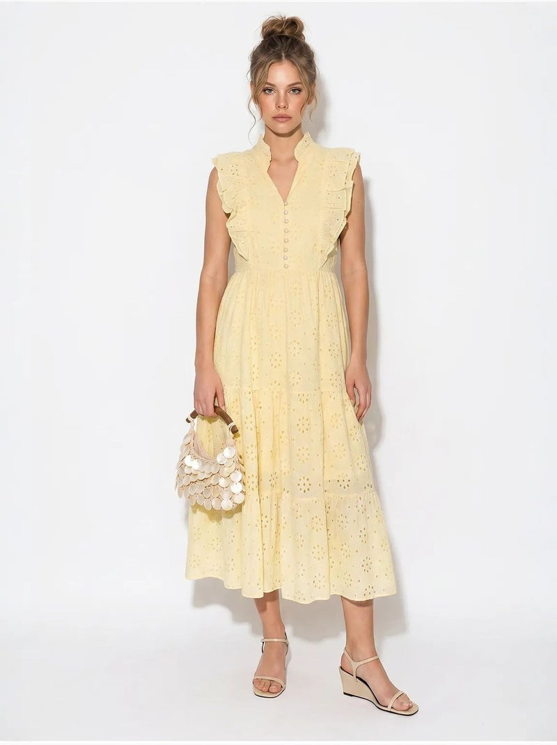 Vestido midi bordado de mezcla de algodón lucci Amarillo limón - Kiabi