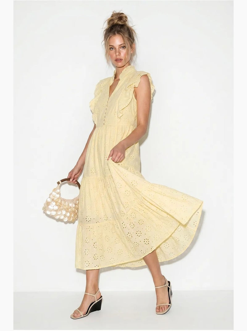 Vestido midi bordado de mezcla de algodón lucci Amarillo limón - Kiabi