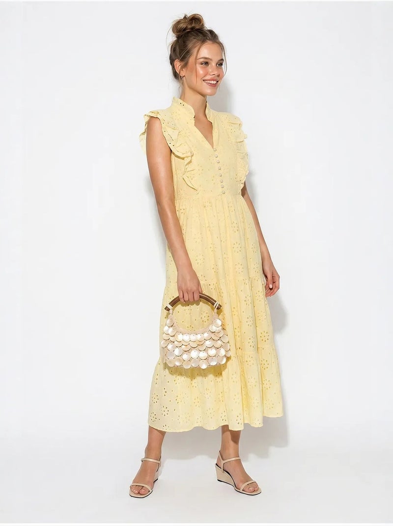 Vestido midi bordado de mezcla de algodón lucci Amarillo limón - Kiabi