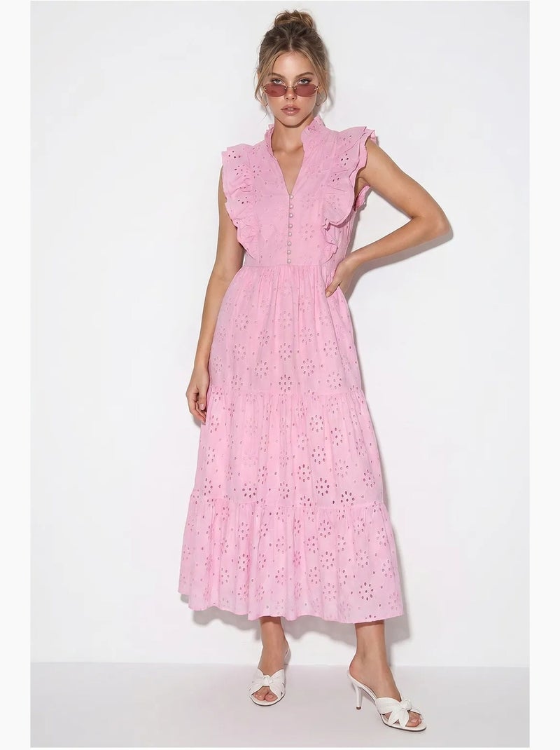 Vestido midi bordado de mezcla de algodón lucci Rosa - Kiabi
