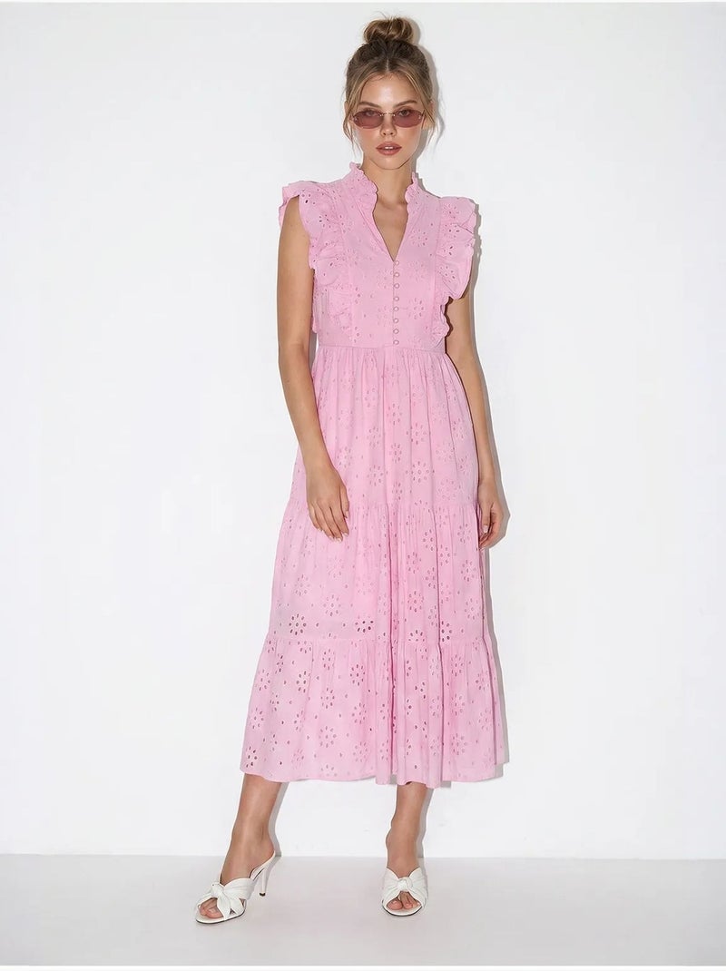 Vestido midi bordado de mezcla de algodón lucci Rosa - Kiabi