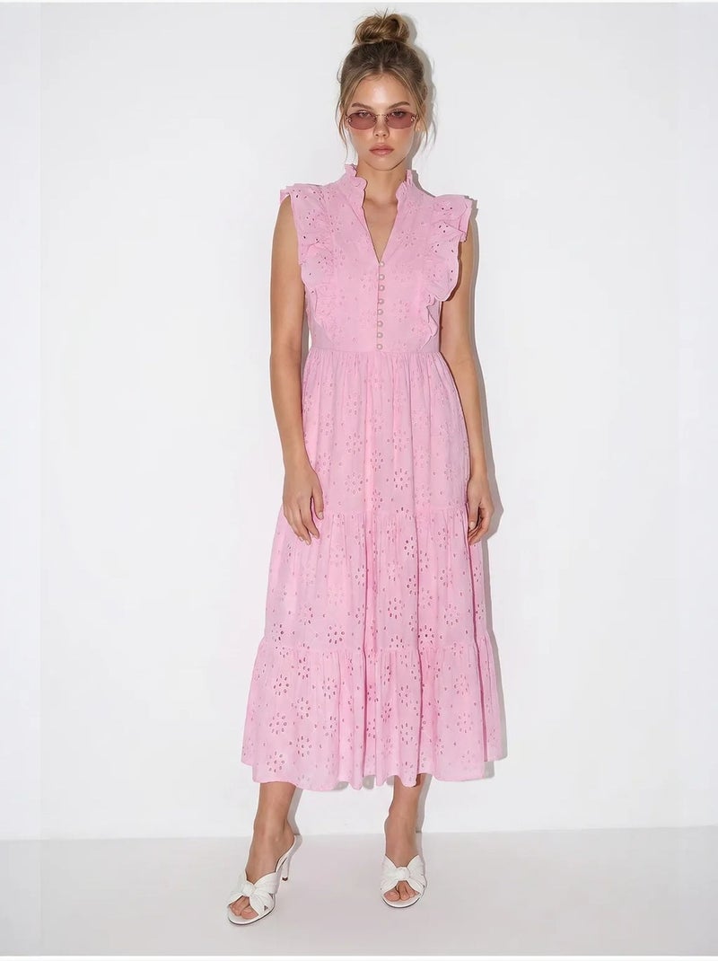Vestido midi bordado de mezcla de algodón lucci Rosa - Kiabi