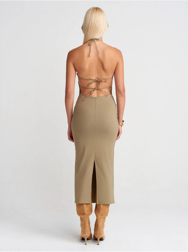 Vestido midi ceñido con cuello halter dilvin Caqui - Kiabi