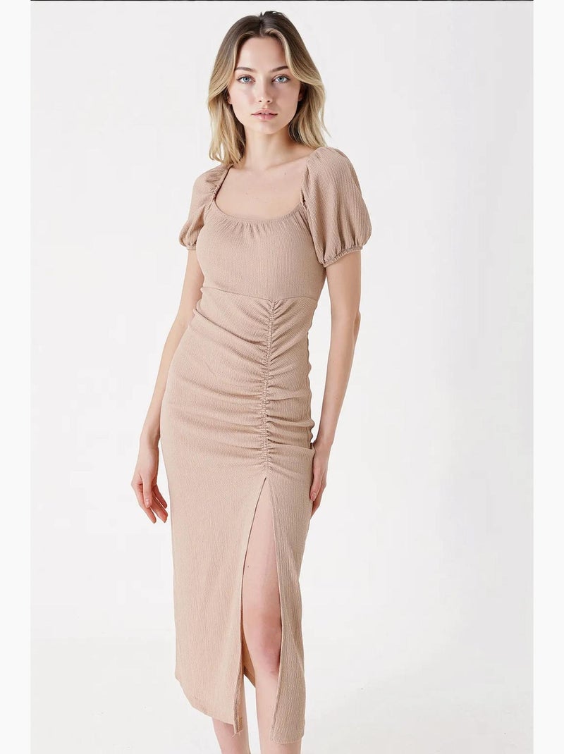 Vestido midi ceñido de canalé con escote cuadrado bdart Beige claro - Kiabi