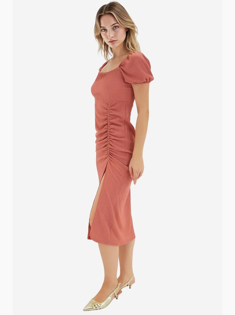 Vestido midi ceñido de canalé con escote cuadrado bdart Terracota - Kiabi