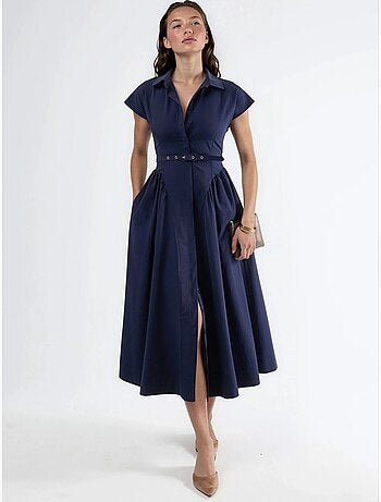 Vestido midi con cinturón y cuello camisero busem