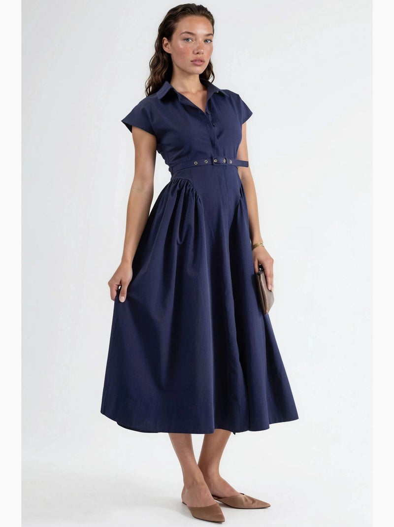 Vestido midi con cinturón y cuello camisero busem Azul marino - Kiabi
