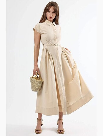 Vestido midi con cinturón y cuello camisero busem
