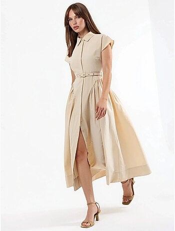 Vestido midi con cinturón y cuello camisero busem