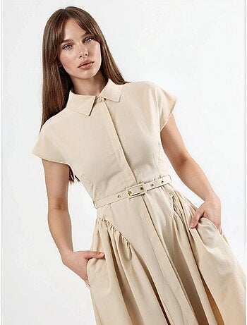 Vestido midi con cinturón y cuello camisero busem