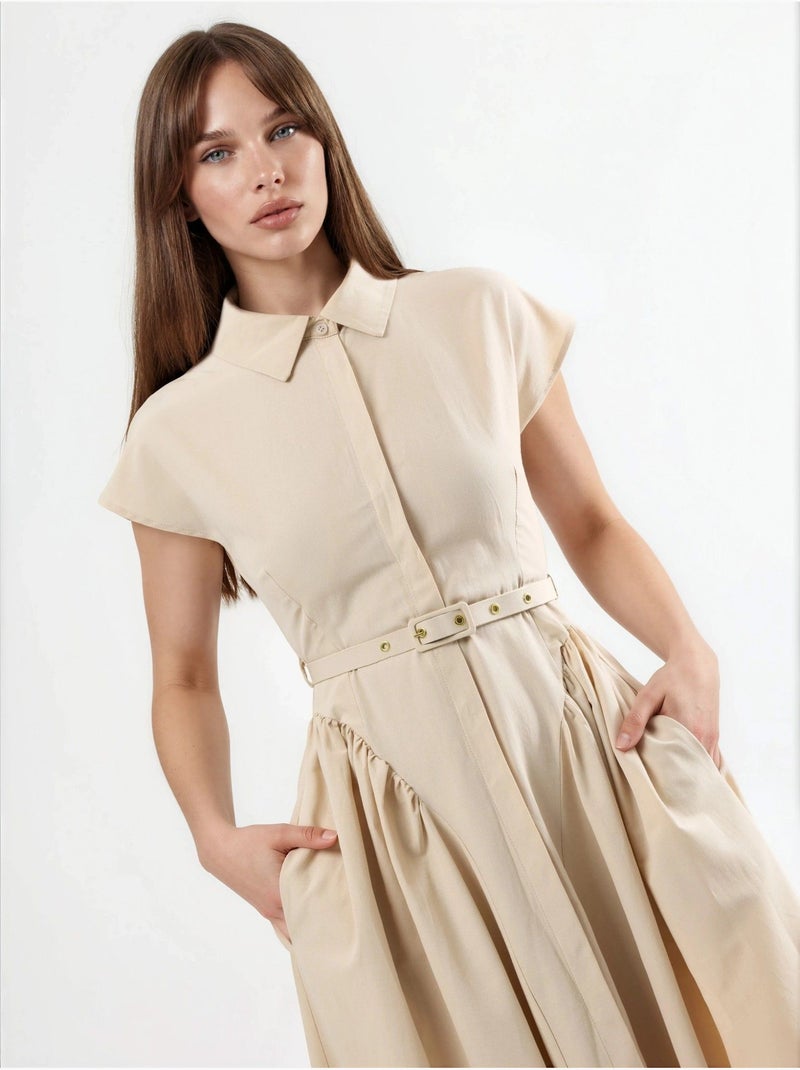 Vestido midi con cinturón y cuello camisero busem Beige arcilla - Kiabi