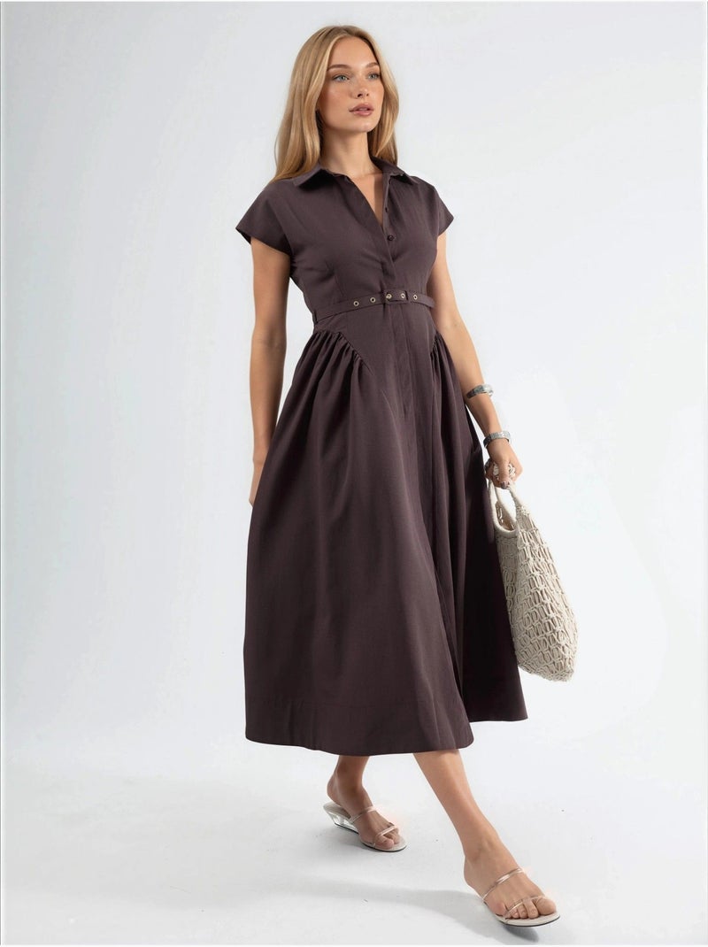 Vestido midi con cinturón y cuello camisero busem Marrón chocolate - Kiabi