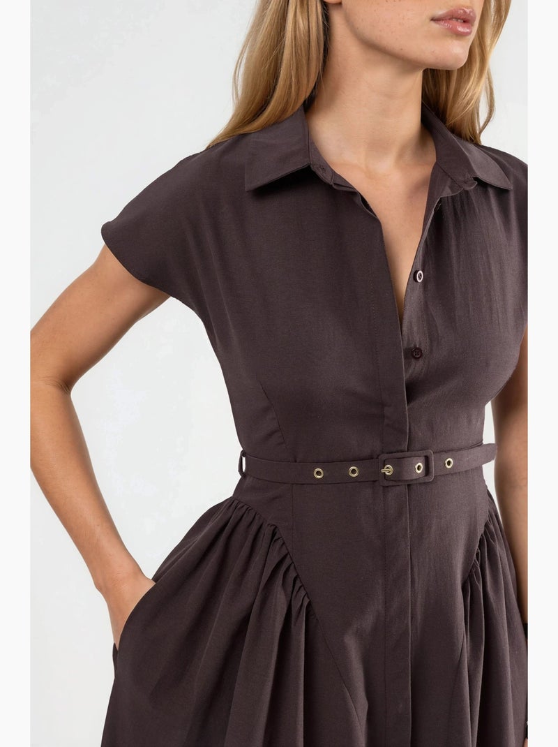 Vestido midi con cinturón y cuello camisero busem Marrón chocolate - Kiabi