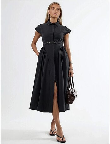Vestido midi con cinturón y cuello camisero busem