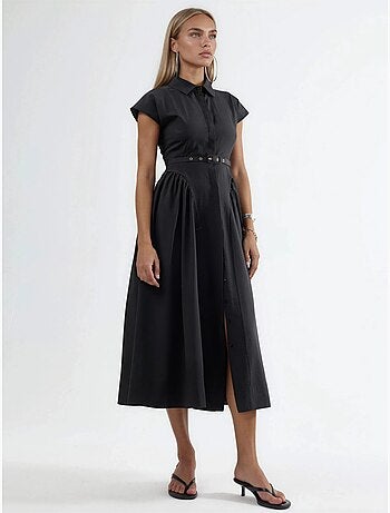 Vestido midi con cinturón y cuello camisero busem