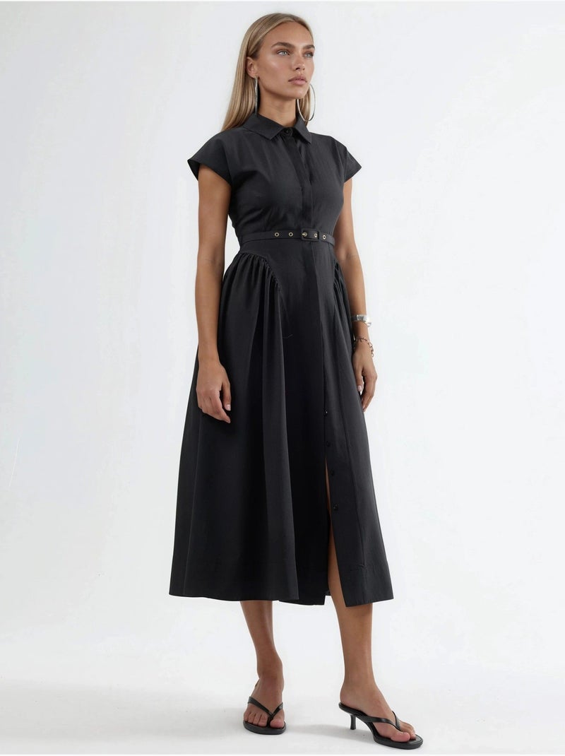 Vestido midi con cinturón y cuello camisero busem Negro - Kiabi