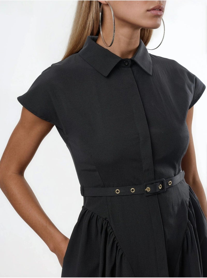 Vestido midi con cinturón y cuello camisero busem Negro - Kiabi