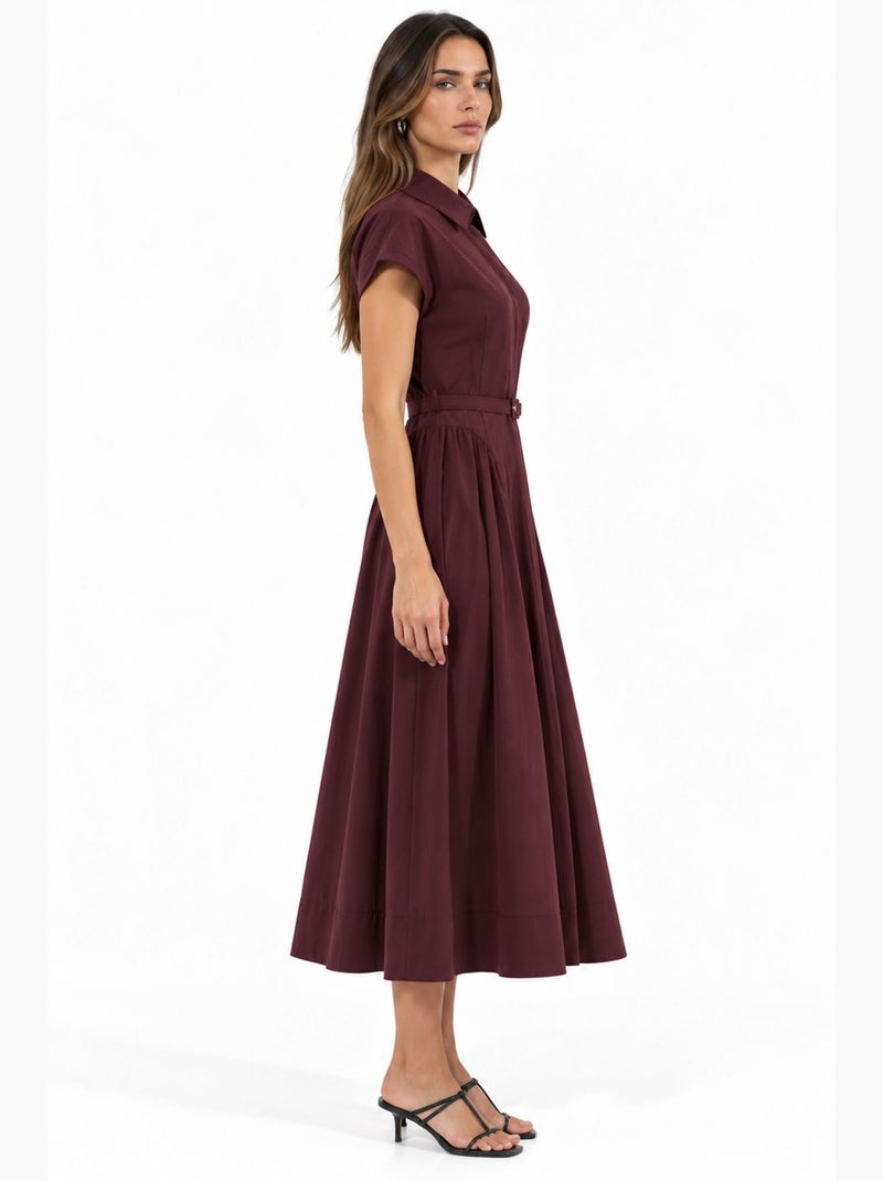 Vestido midi con cinturón y cuello camisero busem Rojo burdeos - Kiabi