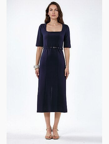 Vestido midi con cinturón y cuello cuadrado de busem