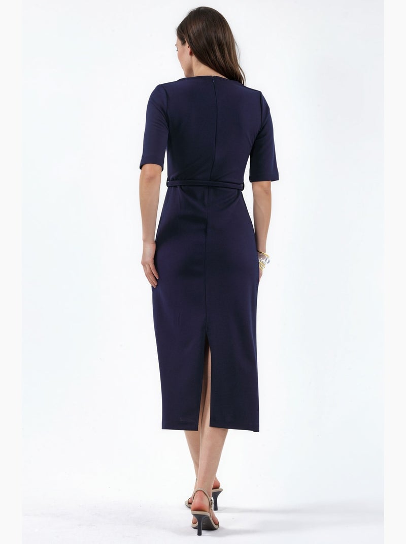 Vestido midi con cinturón y cuello cuadrado de busem Azul marino - Kiabi