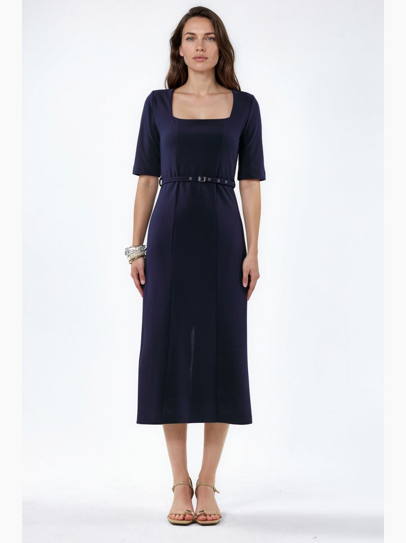 Vestido midi con cinturón y cuello cuadrado de busem Azul marino - Kiabi