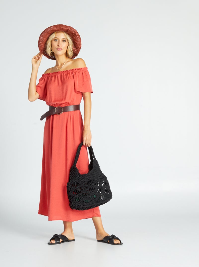 Vestido midi con cuello bardot rojo frambuesa - Kiabi