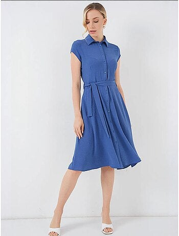 Vestido midi con cuello camisero abotonado y corte a con detalle de ribete bdart