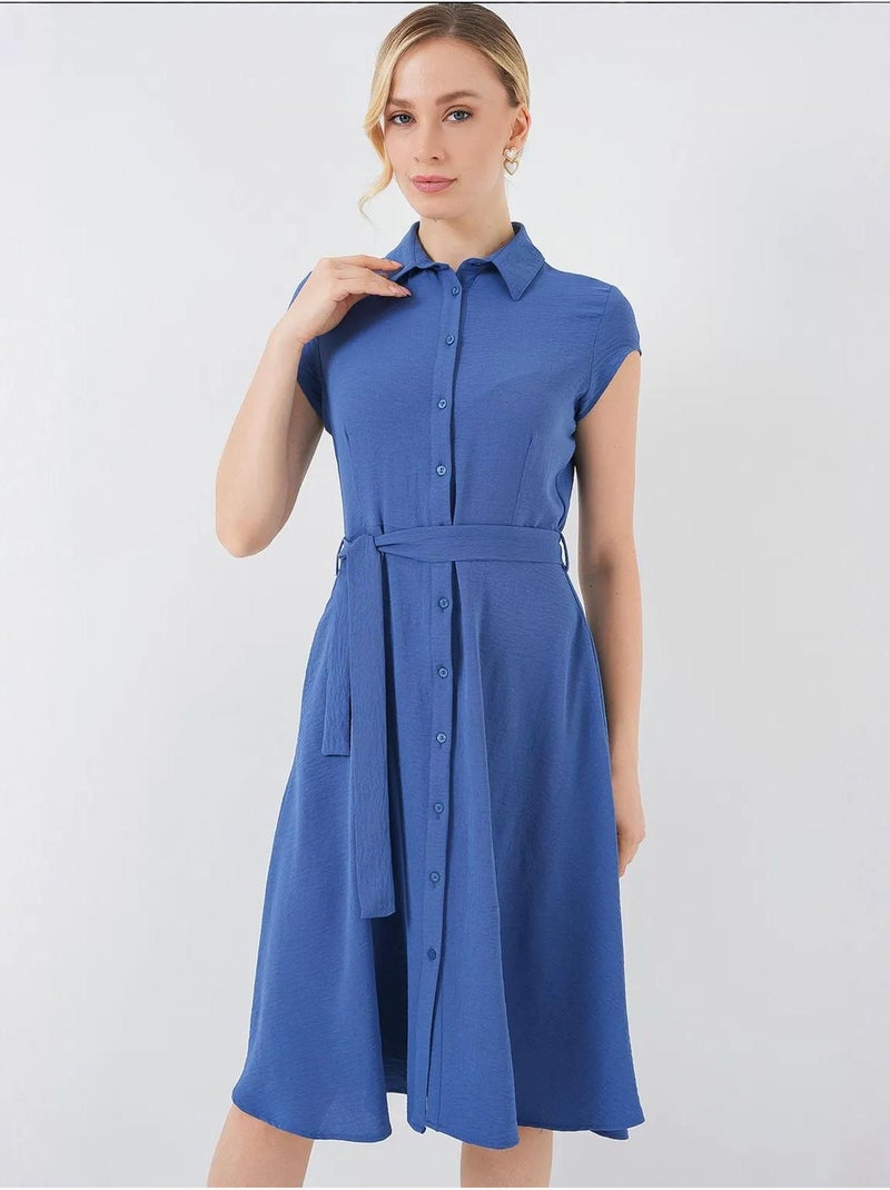 Vestido midi con cuello camisero abotonado y corte a con detalle de ribete bdart Azul laguna - Kiabi