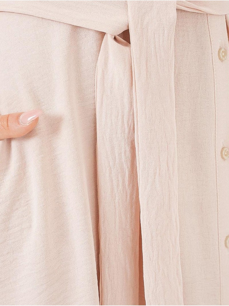 Vestido midi con cuello camisero abotonado y corte a con detalle de ribete bdart Crema - Kiabi