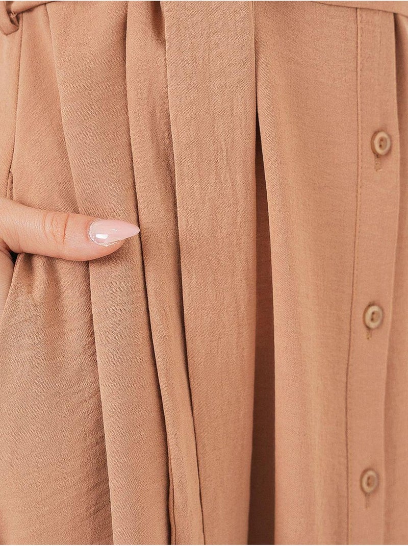 Vestido midi con cuello camisero abotonado y corte a con detalle de ribete bdart Marrón claro - Kiabi